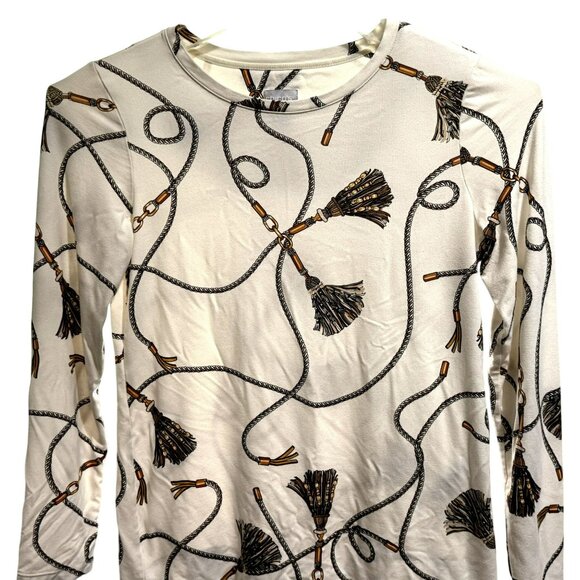 Chico's White Gold Tassel Print Pullover Long Sleeve Rayon Stretch Top  0 Small - Picture 2 of 6